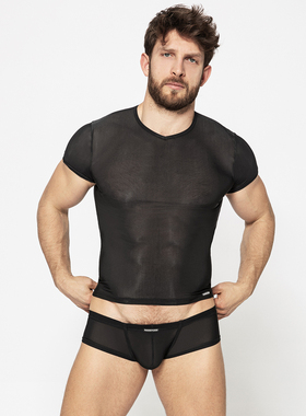 MANSTORE 微透性感短袖T恤 修身V领奢华丝滑透视紧身 2-06192