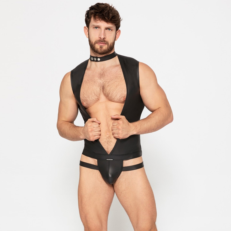 MANSTORE皮革外观镂空连体内裤