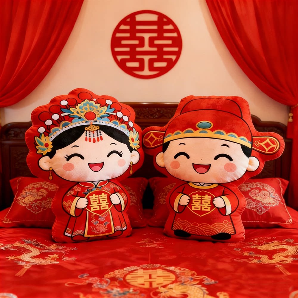 中式婚庆陪嫁抱枕毛绒印花床头枕