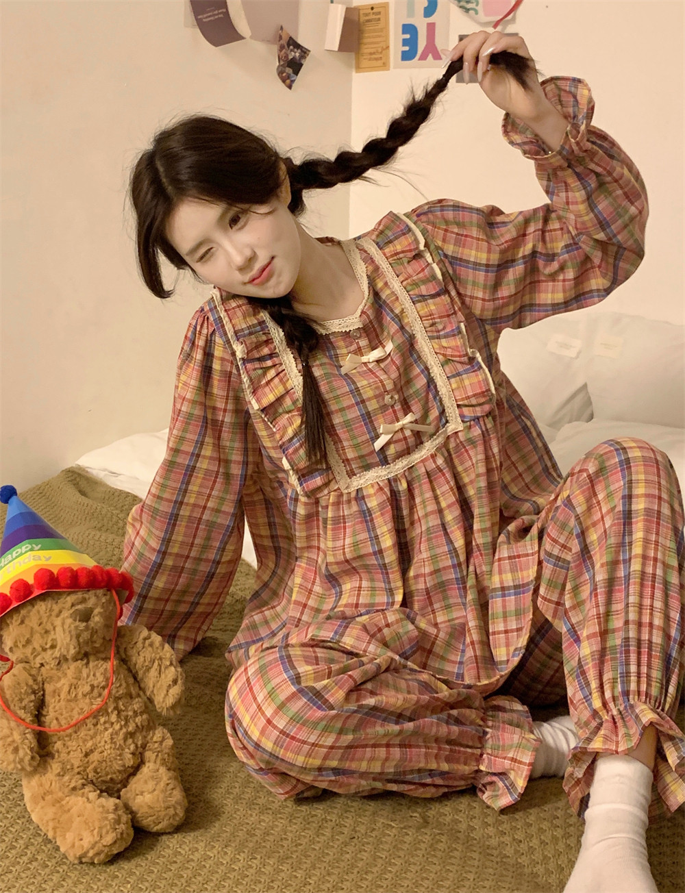 多巴胺春秋ins格子纯棉麻睡衣女