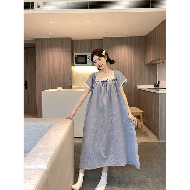 韩版纯棉提花甜美花边圆领雾霾蓝夏季短袖长裙睡衣家居服