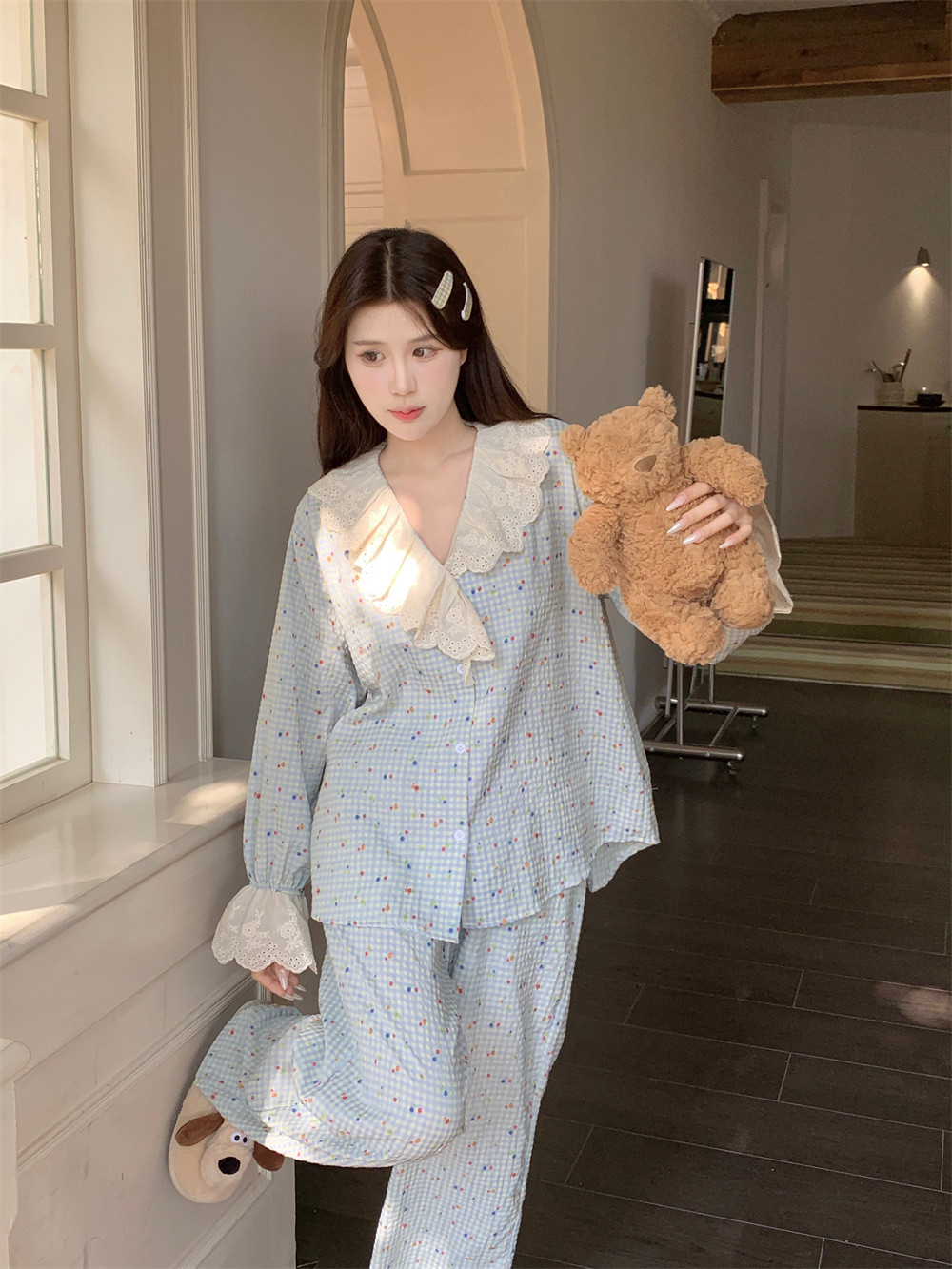 春秋季格子小碎花边娃娃领睡衣女