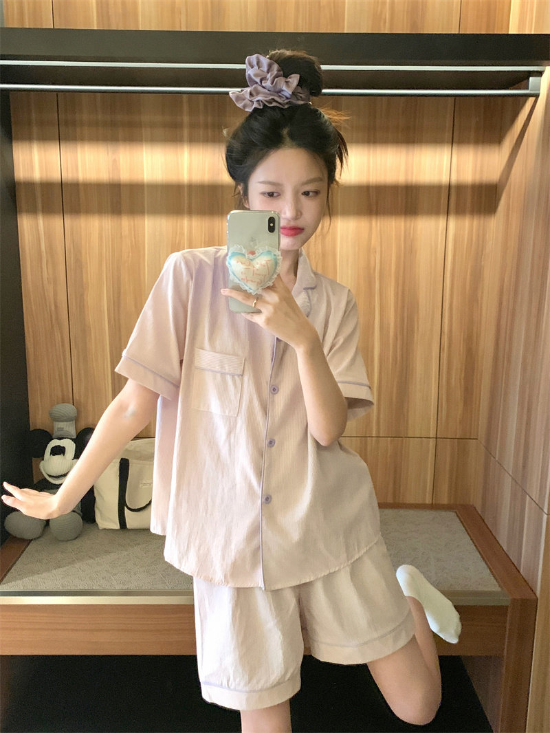 夏季纯棉麻睡衣女条纹撞色短袖