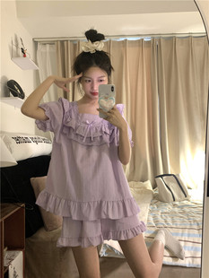 韩版夏季全棉紫色提花公主宫廷风花边睡衣女款短袖短裤家居服套装