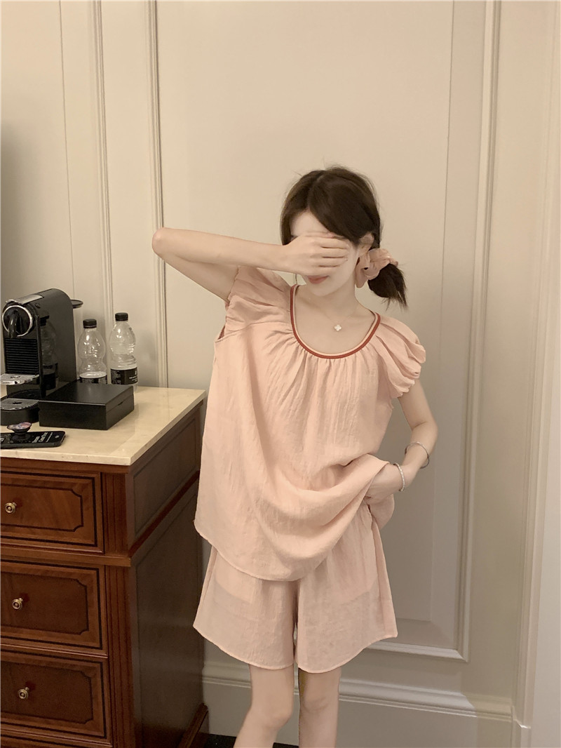 夏季粉色露背无袖睡衣女款纯棉麻