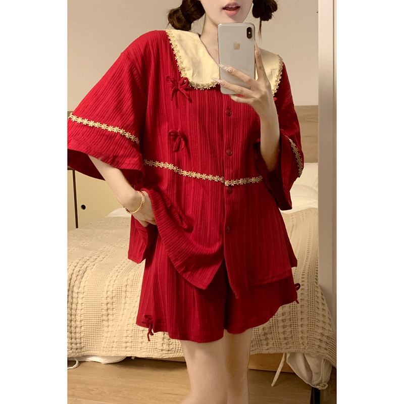 韩版全棉好运红本命红宽松娃娃领宽松学院风夏季家居服套
