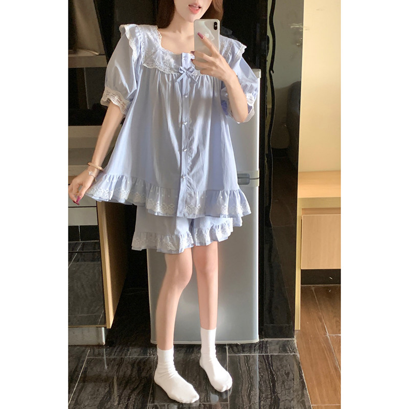 韩版夏季紫色刺绣拼接蕾丝纯棉麻甜美公主风睡衣女短袖家居服套装