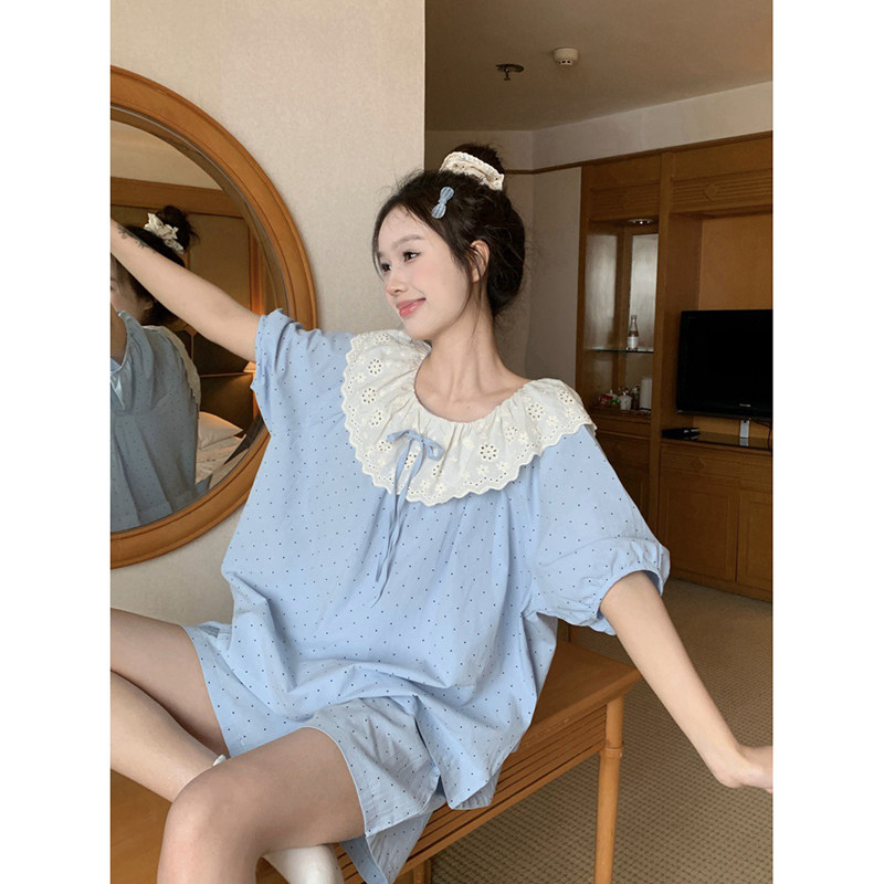 睡衣女花边娃娃领波点纯棉麻夏季