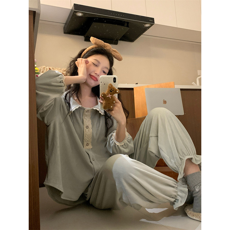 睡衣女秋冬娃娃领蕾丝花边海岛绒