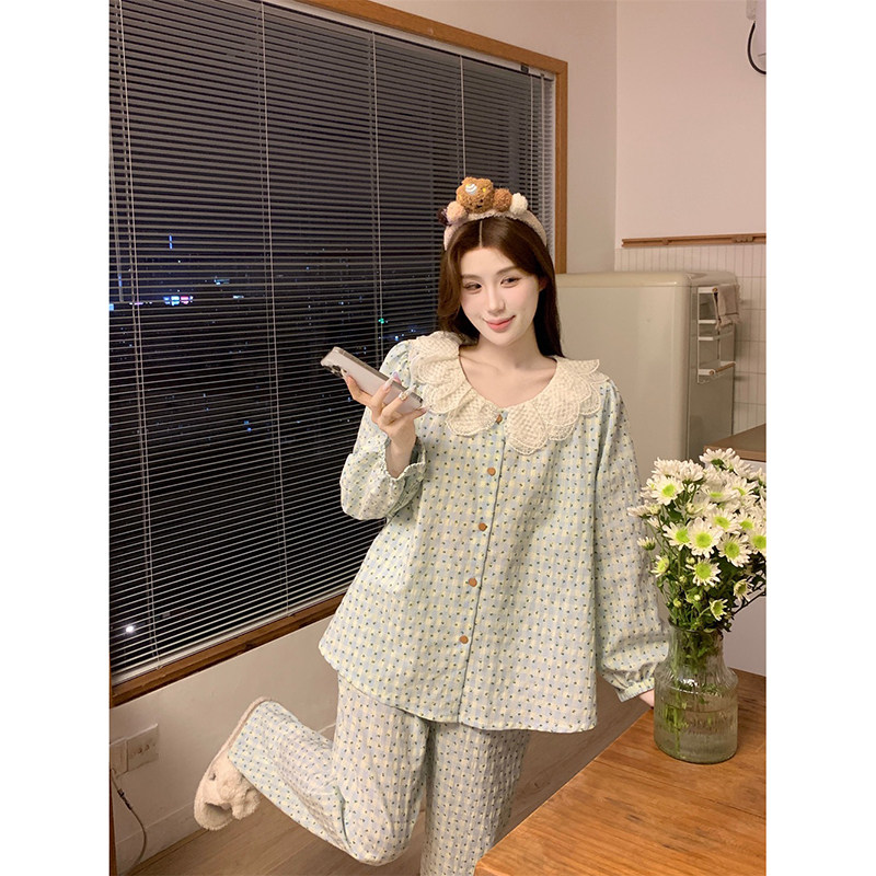 韩版甜美isn格子小碎花蕾丝领长袖睡衣家居服春女
