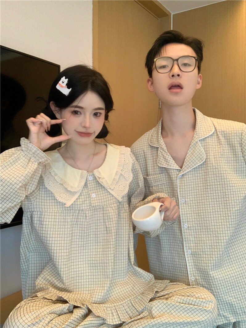情侣睡衣女蕾丝娃娃领格子春秋季