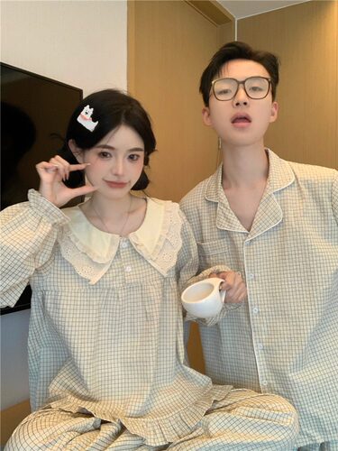情侣睡衣女蕾丝娃娃领格子春秋季