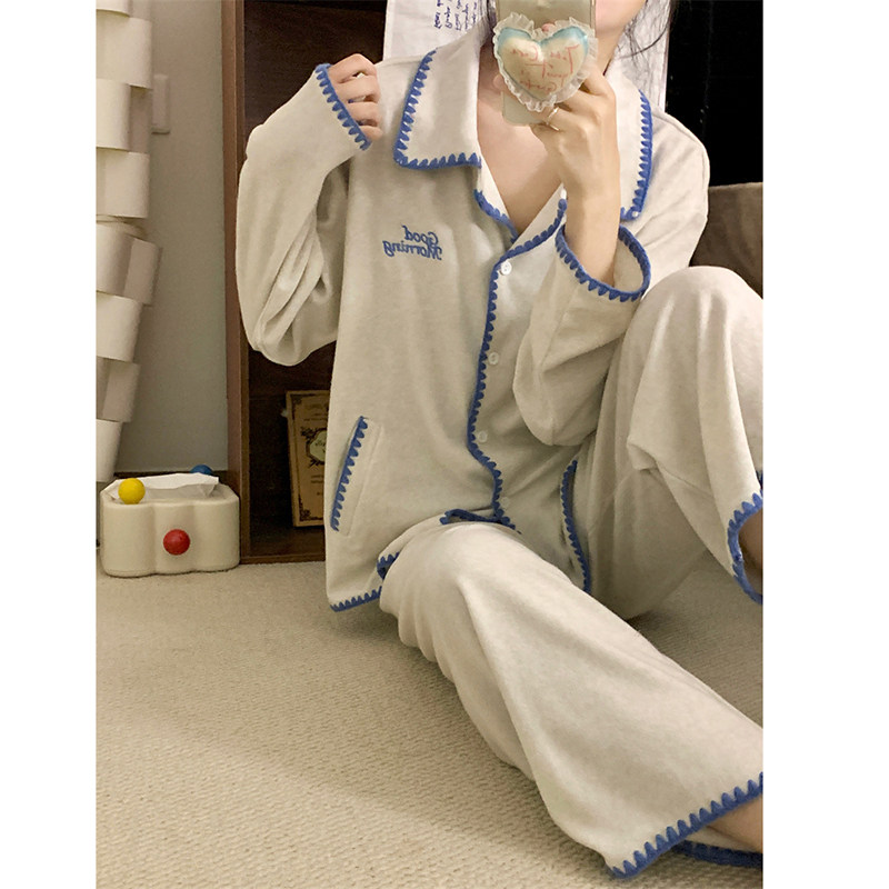 秋冬季德绒撞色边睡衣女款毛巾绒