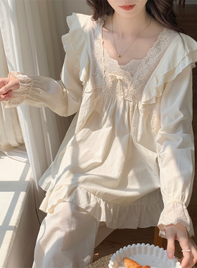 韩版纯棉麻纯色长袖甜美蕾丝花边公主风春秋季睡衣女款家居服睡裙