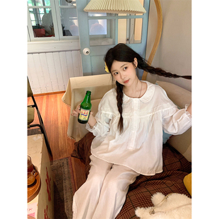 白色公主风蕾丝花边纯棉纱布睡衣女款春夏季娃娃领长袖家居服套装