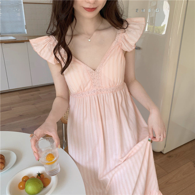 夏季吊带睡裙甜美公主粉色蕾丝棉