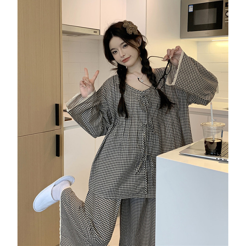 春秋季格子睡衣女慵懒纯棉麻长袖