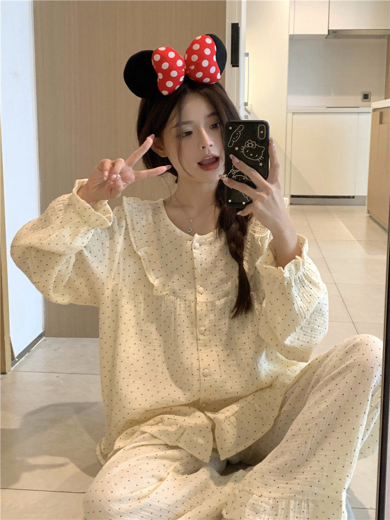 纯棉纱布小波点圆领春秋季睡衣女