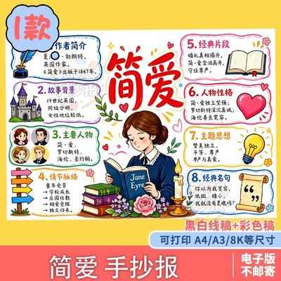 03初中简爱名著手抄报模板书香校园读书推荐卡可打印线稿设计素材