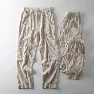 吸湿透气 轻盈亚麻长裤 夏季 松紧腰多口袋工装 男士 高端水洗棉麻