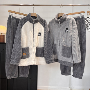 睡衣男冬季珊瑚绒拉链保暖加绒加厚青年男款秋冬法兰绒家居服套装