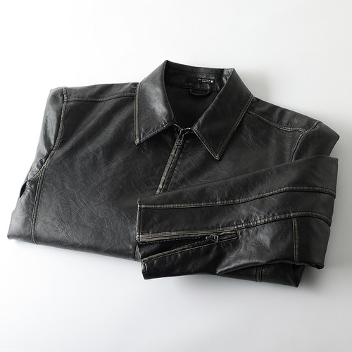 复古水洗擦色做旧翻领机车皮夹克