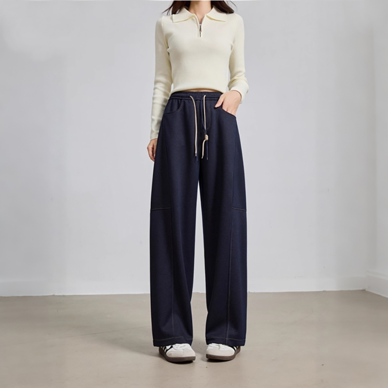 高腰垂感抽绳松紧腰阔腿裤牛仔裤