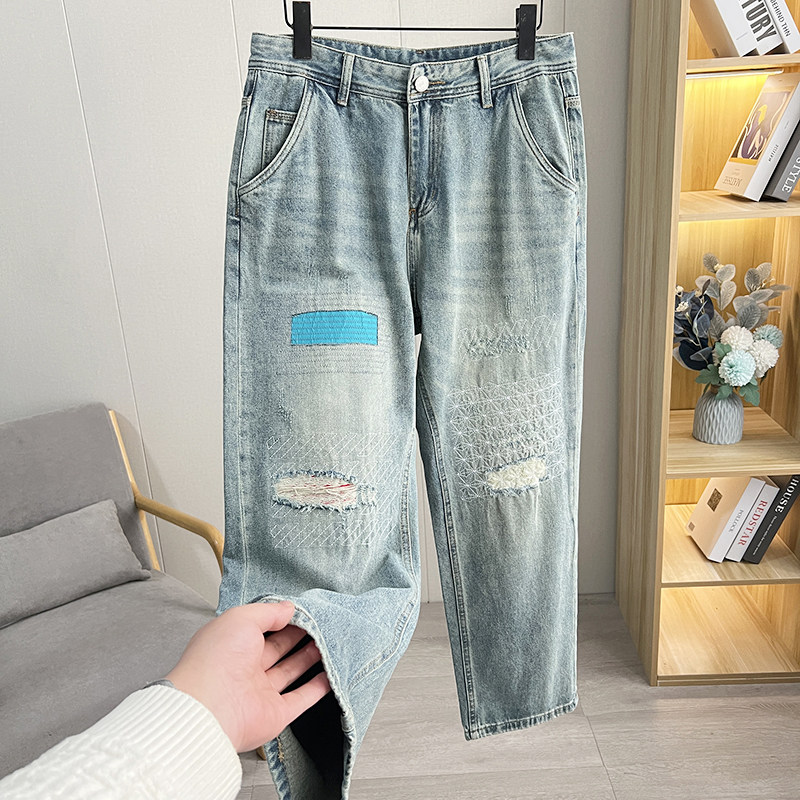 舒适棉混纺磨破直筒微廓牛仔裤男