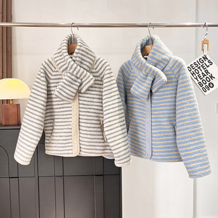 外套 秋冬女加厚防风保暖宽松条纹撞色摇粒绒开衫 厂订单 配围脖