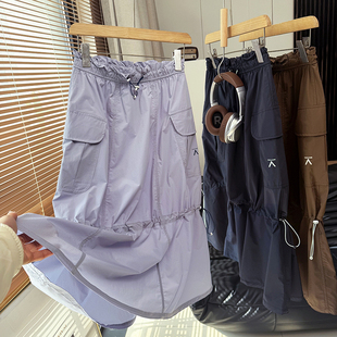 山系户外防泼水 春夏女士松紧腰透气速干半身裙长裙 抽褶木耳边