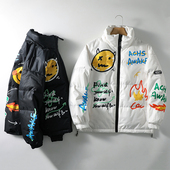 高街潮流 秋冬情侣立领防风保暖白鸭绒羽绒服外套 手绘卡通印花