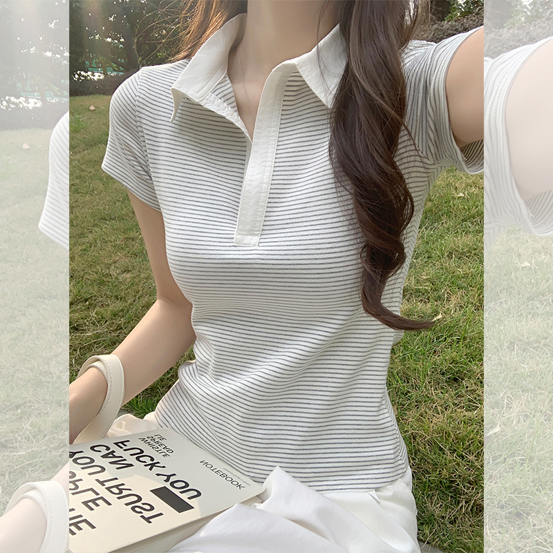 小众条纹正肩百搭翻领短袖T恤女