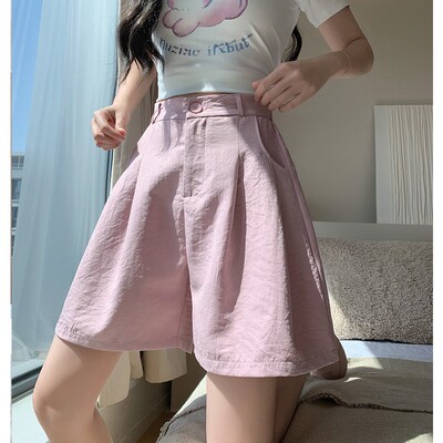 冰丝奶芙宽松阔腿高腰山本短裤女