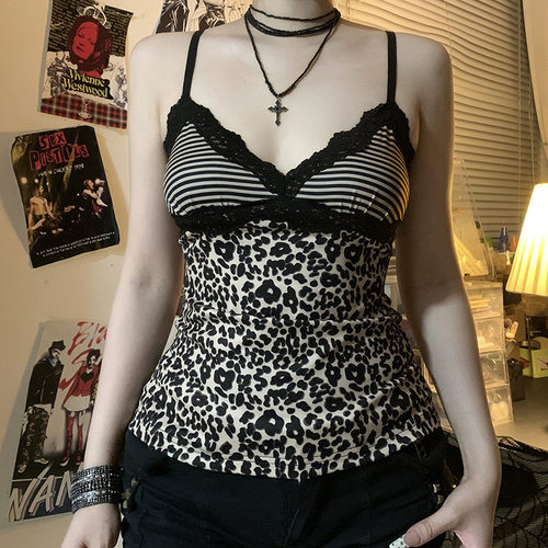 欧美复古豹纹蕾丝吊带性感背心辣妹上衣Leopard lace camisole