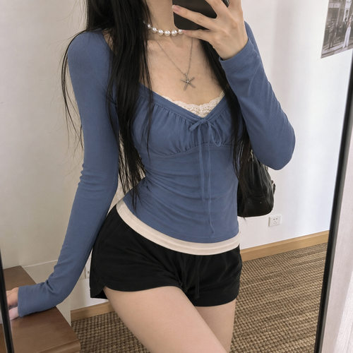韩系纯欲风蝴蝶结系带假两件花边上衣秋冬甜美T恤女Bow T-shirt