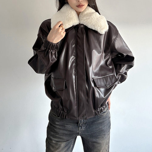 新款欧美风女装美拉德复古秋冬款夹克毛领皮衣外套女Retro jacket