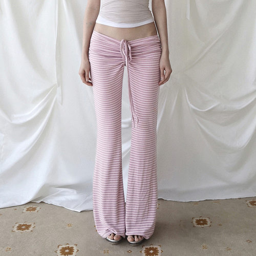 纯欲风低腰粉白条纹喇叭裤少女居家针织长裤Striped flared pants