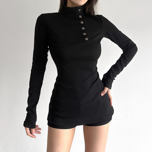 女暗黑辣妹风中高领金属扣针织中长款上衣收腰简约T恤knitted top