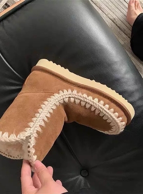 MOU秋冬ESKIMO皮毛一体保暖圆头雪地靴女冬靴中筒靴懒人鞋一脚蹬