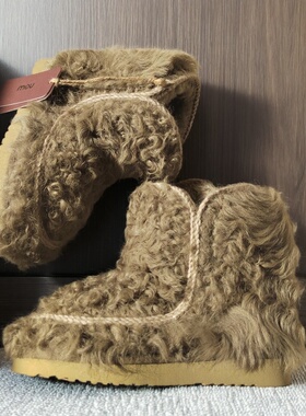 MOU爱斯基摩秋冬雪地靴女卷毛鞋皮毛一体厚底加绒白色卷毛懒人鞋