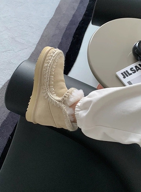 MOU秋冬爱斯基摩16cm羊皮毛一体低帮雪地靴女短靴冬靴米色懒人鞋