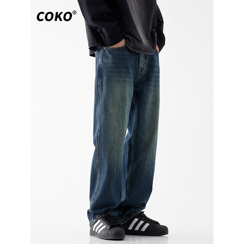 秋季蓝色水洗直筒牛仔裤男宽松直筒秋冬新款纯棉潮流百搭休闲裤子,男装,牛仔裤,淘宝优惠券,粉丝福利购,淘宝优惠卷