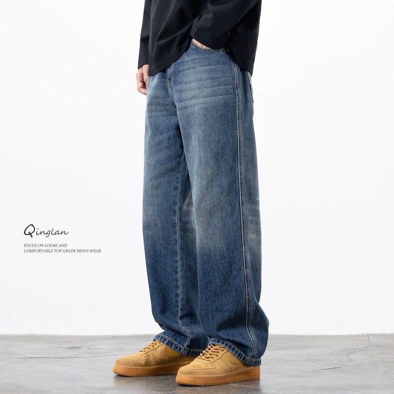 轻澜水洗蓝色牛仔裤男直筒宽松阔腿垂感休闲大码青少年秋冬款裤子