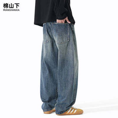 棉山下弯刀牛仔裤男款宽松直筒阔腿大码复古水洗休闲裤子2026新款