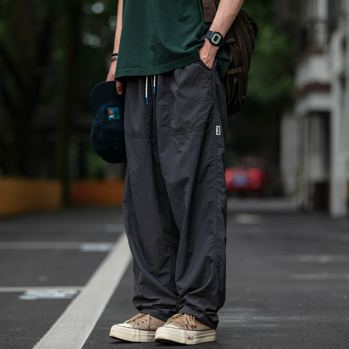 春夏基本款防水透气休闲裤男潮日系机能宽松降落伞兵工装直筒长裤