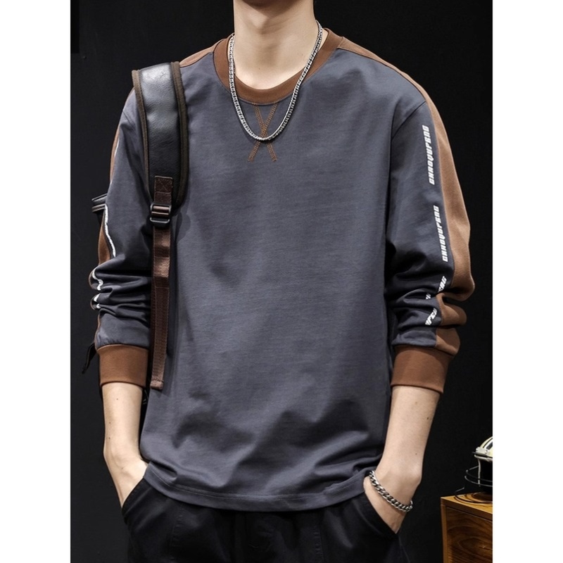 撞色拼接长袖t恤男2025新款秋季男士圆领打底衣服春秋款大码上衣