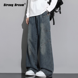 复古弯刀牛仔裤男款美式高街2025秋冬新款加绒工装宽松阔腿长裤子