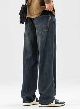 August美式复古直筒加绒牛仔裤男2025新款秋冬休闲宽松长裤子男裤