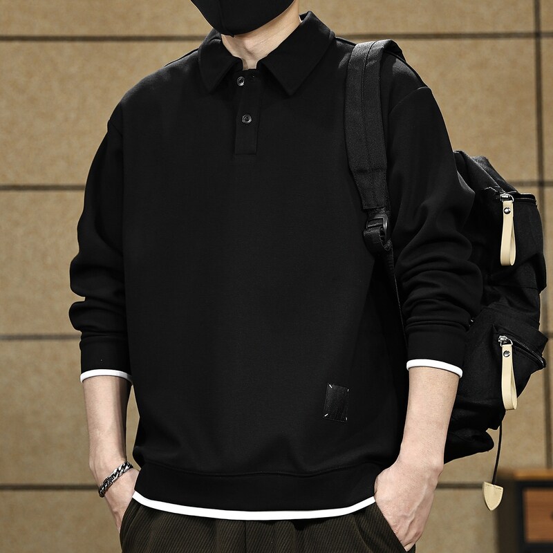 美式polo衫长袖男士卫衣秋冬季加绒潮牌340克重磅假两件翻领T恤男