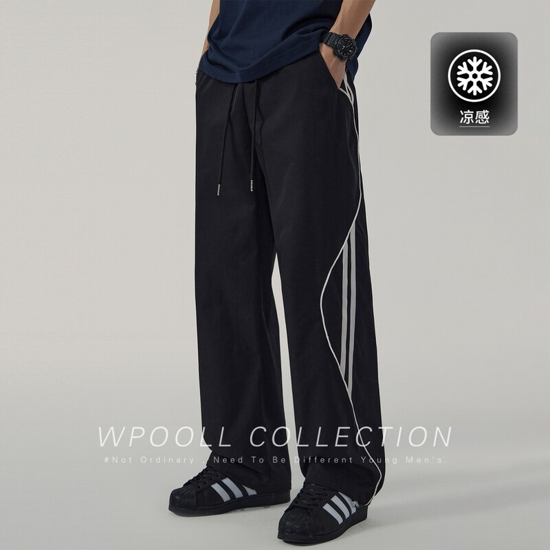 美式直筒休闲裤男夏季薄款透气速干运动男裤高街条纹宽松冲锋裤子